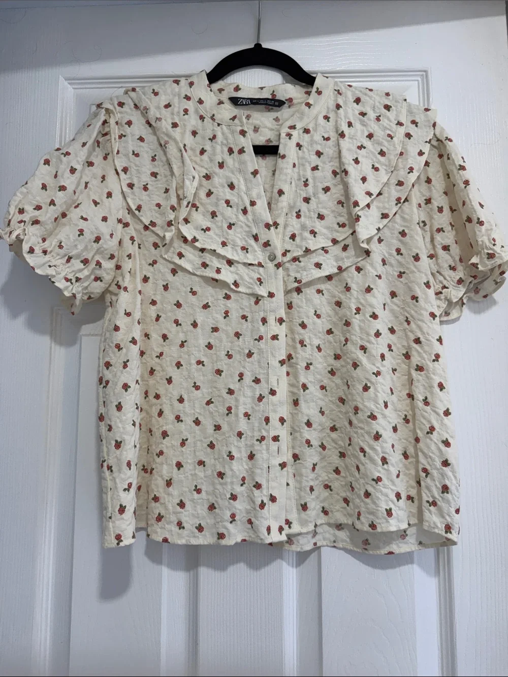 Zara Cream Blouse with Red Floral Print and Ruffle Collar